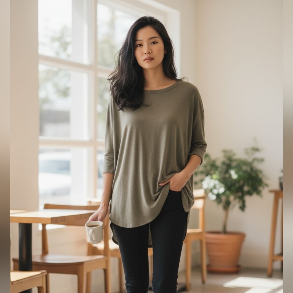 😻 3/$30 Aritzia Babaton Olive Green Long Sleeve Loose Fitting Top Size Medium